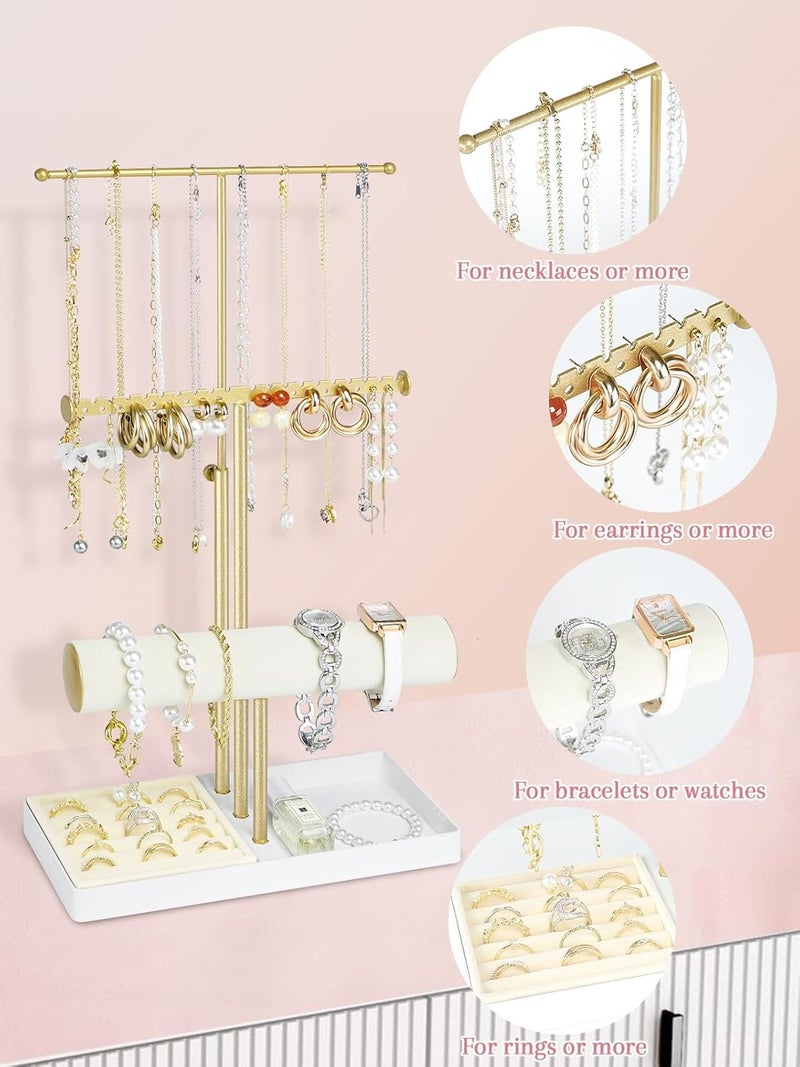 Jenseits 3-Tier Jewelry Holder Organizer:17.1" Adjustable Hanger, Velvet Ring Tray, Metal Aesthetic Display Stand for Necklaces, Earrings, Bracelets, Watches, Gold Jewelry Storage Tower Tree for Women - Image 4